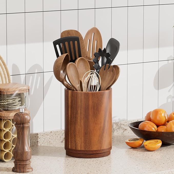 ZUJJAFY Utensil Holder, 360° Rotating Acacia Wood Kitchen Utensil Holder for Counter, 7.2" Large Cooking Utensil Crock for Countertop, Wooden Utensils Organizer for Cooking Spatula Storage