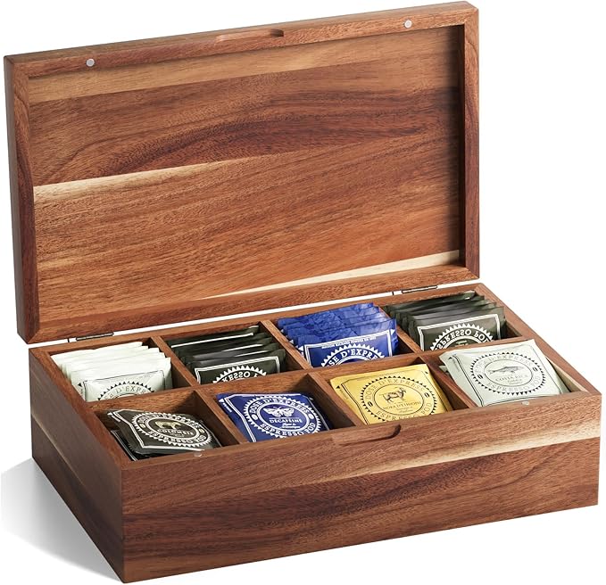 Acacia Wood Tea Bag Organizers, Tea and Sugar Packet Storage Chest with Lid, Wooden Teabag Holder Containers,Tea Box with 8 Compartments