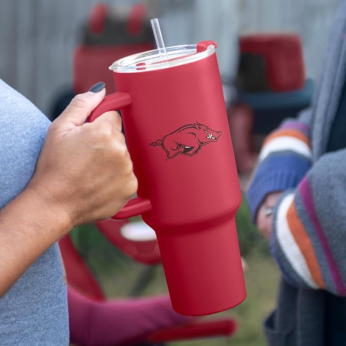 Logo Brands NCAA 40 oz Tumbler with Handle -Stainless Steel Insulated Travel Tumbler with Straw Lid – Powder Coated, Leak-Resistant, Keeps Drinks Hot/Cold – Great for Tailgating, or Everyday Use