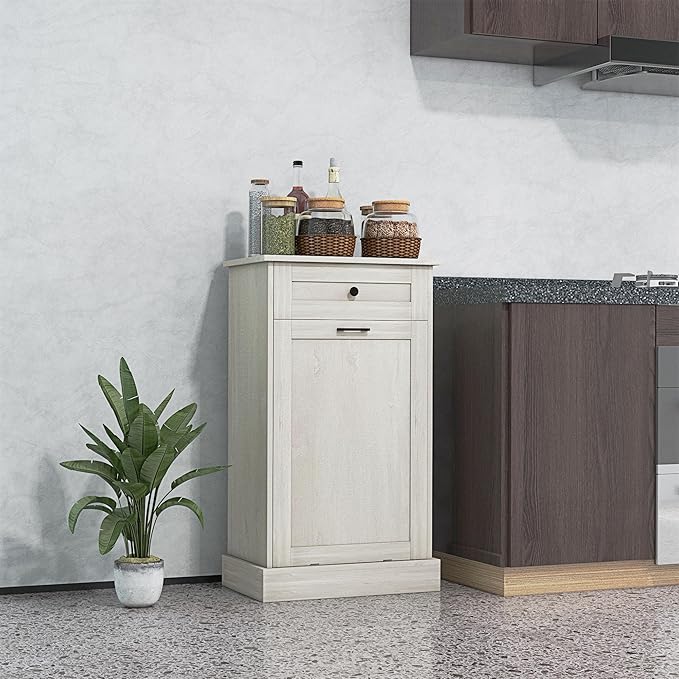 HRVEOCEI Single Tilt Out Trash Can Cabinet for 10 Gallon, Trash Can Holder Cabinet with Drawer, Farmhouse Garbage Cabinets for Kitchen Living Room, Easy to Clean (Gray)
