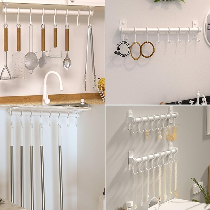 Dseap Kitchen Hooks for Hanging Utensils, Hanging Pot Rack, Kitchen Utensil Hanger Rail with 8 Hooks for Pots Pans, Spoons, Mugs, Wall Mounted, Stainless Steel, White, Pack of 2