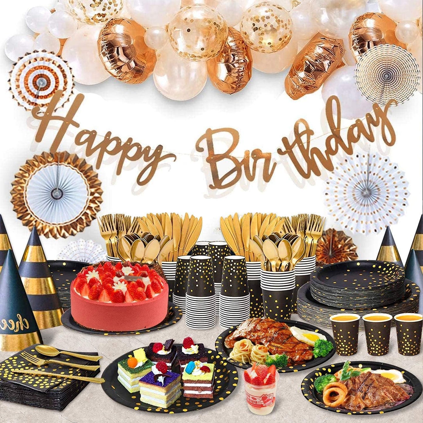 AIRE 350PCS Black Gold Paper Plates Party Supplies Dinnerware Sets for 50 Guests, Disposable Paper Party Plates, Dessert Plates, Cups, Napkins, Plastic Spoons, Forks, Knives for Wedding Birthday