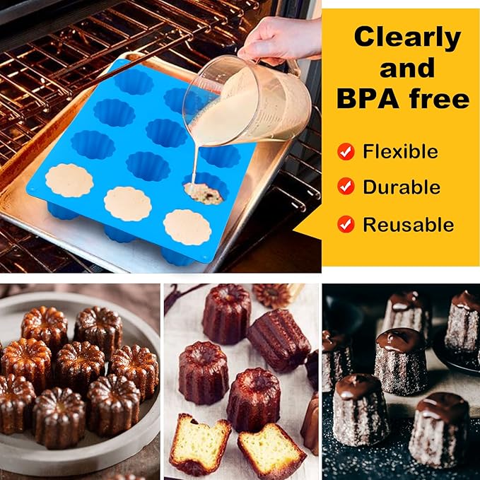 Sidosir 2Pcs Canele Mold Silicone, 12-Cavity Nonstick Canele Silicone Baking Cake Pan for Bread Muffin