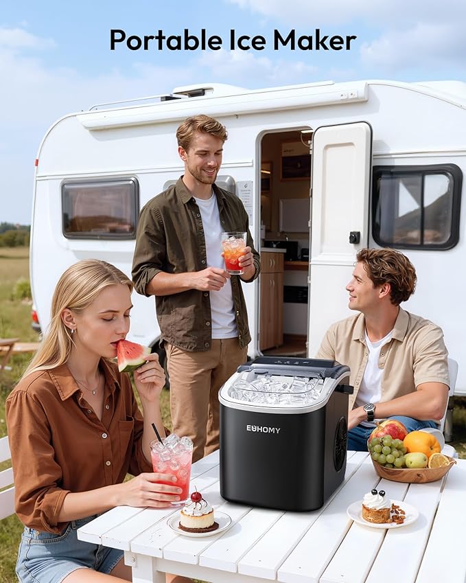 EUHOMY Countertop Ice Maker Machine with Handle, 26.4lbs in 24Hrs, 9 Ice Cubes Ready in 6 Mins, Self-Cleaning Portable Ice Maker with Basket and Scoop, for Home/Kitchen/Camping/RV. (Black)
