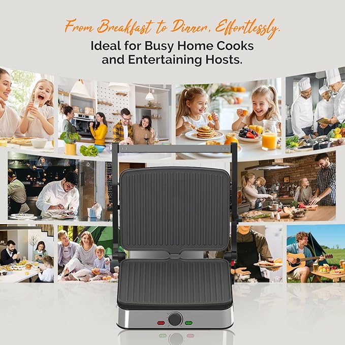 Electric Panini Press Grill and Sandwich Maker / 8.5" x 11" Non-Stick Coated Plates, Opens 180 Degrees to Fit Any Type or Size Food, Dishwasher Safe, Sliver