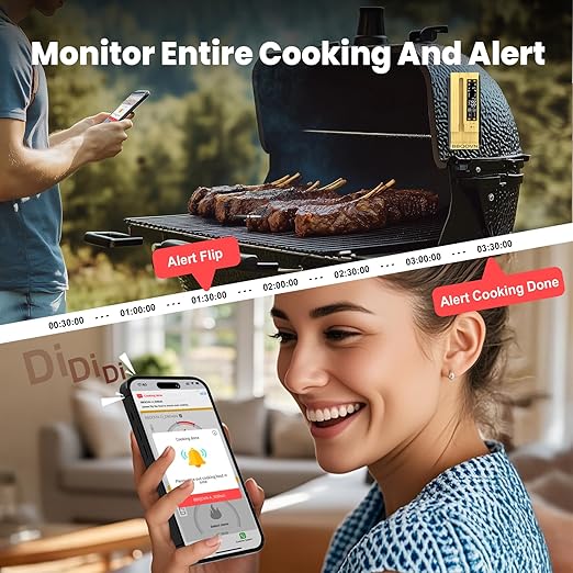 BBQOVN (Luxury Walnut Wood) WiFi Sub-1G Wireless Meat Thermometer Unlimited Range 7 NIST Certified Sensors with Ambient Temp 2 Temp Monitoring Ways Digital Smart Base and App for Smoker, Grill, Oven
