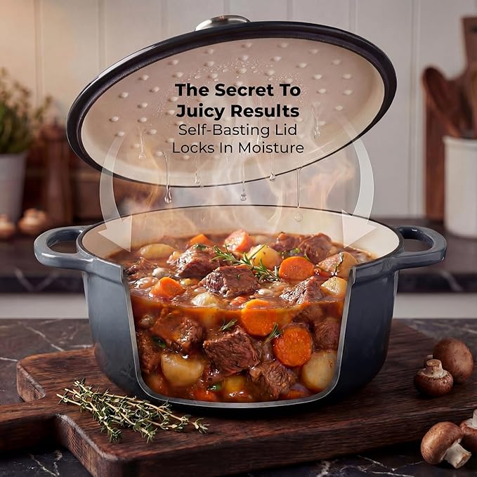 Zulay Kitchen 7.7 Quart Enameled Cast Iron Dutch Oven Pot with Lid – Premium Durability & Oven Safe up to 500°F – Heavy Duty Cookware Perfect for Bread Baking, Stews, Braising & Roasting – Gray