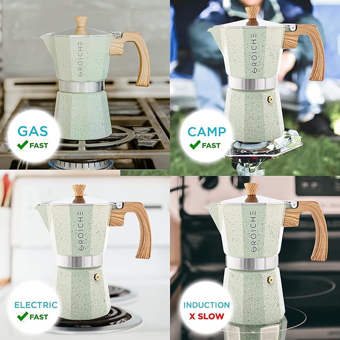 GROSCHE Milano Moka pot, Stovetop Espresso maker, Greca Coffee Maker, Stovetop coffee maker and espresso maker percolator (Mint, 9 cup)