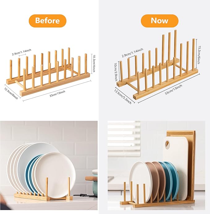 HBlife 2pcs Heighten and Widen Bamboo Dish Drying Rack Plate Bowl Cup Book Pot Lid Cutting Board Stand Drainer Storage Holder Organizer for Kitchen Cabinet