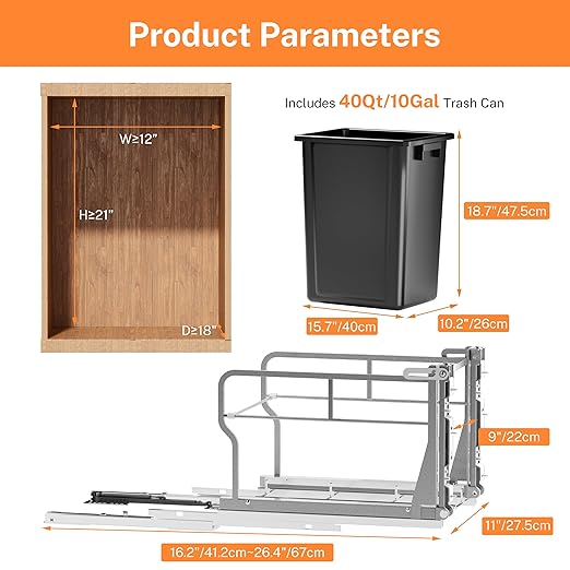 YJHome Pull Out Trash Can Under Cabinet with Tiltable 10° & 40Qt Garbage Can, Cabinet Trash Can Pull Out Kit, Easy to Take Out Bin for Minimum Cabinets Opening 12" W