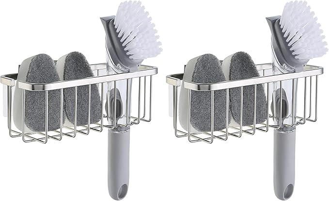 SunnyPoint NeverRust Deluxe Kitchen & Bathroom Sink Sponge Holder Organizer with Adhesive Mount - Additional Suction Cup Included – Sponge & Brush NOT Included – 7.4 x 3.3 x 2.75 Inch (Pack of 2)