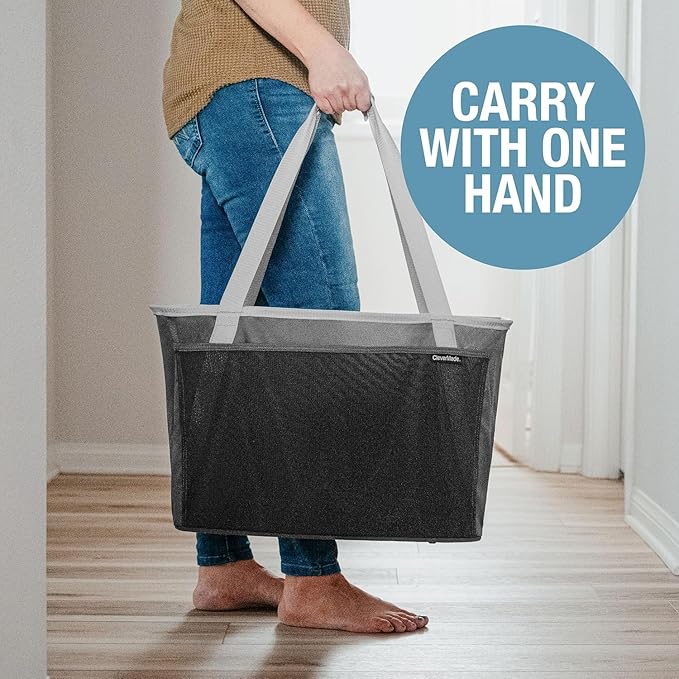 CleverMade Collapsible Tote Basket MAX (64L) – Extra Large Foldable Carry-All Storage Bin with Front Pocket, 60 lb Capacity Laundry Basket for Home, Dorm, RV & Trunk Organization