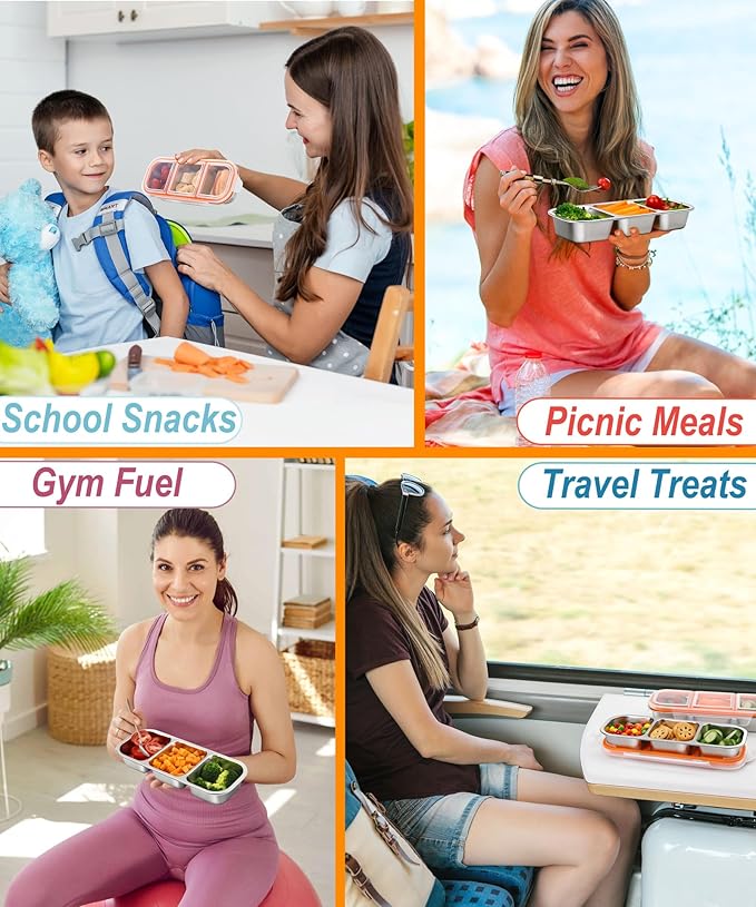 KTKUDY 5 Pack Stainless Steel Snack Containers for Kids & Adults - Large - Leak-Proof 3-Compartment Stackable Snack Lunch Boxes for School, Work & Travel