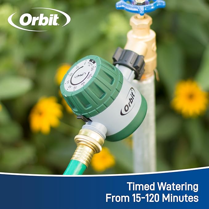 Orbit Mechanical Water Timer - Adjustable Irrigation Shutoff for Lawn & Garden Watering - Battery-Free Clockwork Hose Faucet Timer with Easy Grip Dial & Manual Bypass - 62034