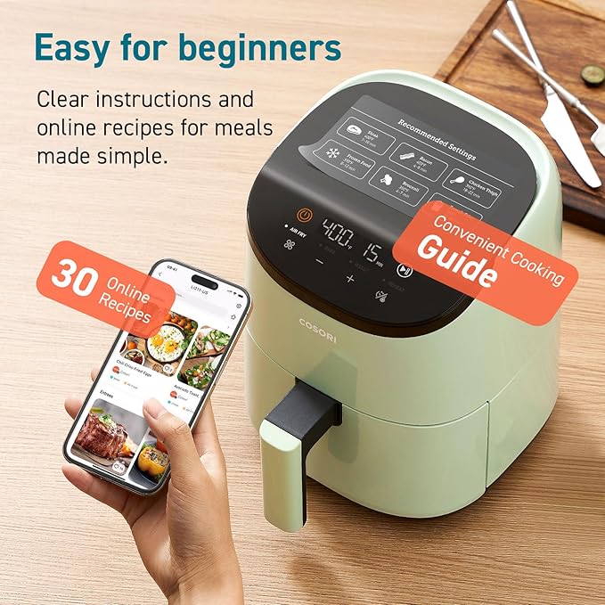 COSORI Small Air Fryer Oven 2.1 Qt, 4-in-1 Mini Airfryer, Bake, Roast, Reheat, Space-saving & Low-noise, Nonstick and Dishwasher Safe Basket, 97% less oil, Sticker with 6 Reference Guides, Green