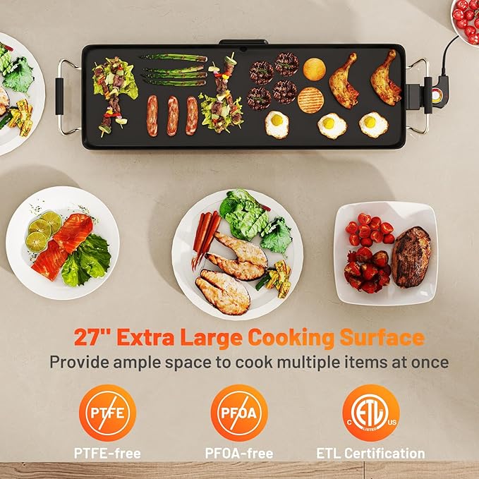 Nightcore 27" Large Electric Griddle, Teppanyaki Grill w/Adjustable Thermostat, Insulated Handles, Drip Tray & Nonstick Surface, Pancake Griddle, Indoor Outdoor Tabletop BBQ Grill for Party Camping