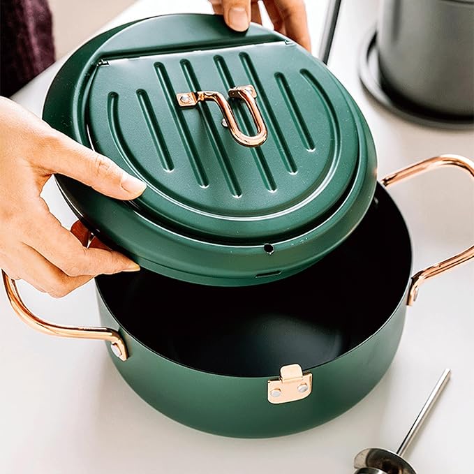 Deep Fryer Pot, 4.3L/11 Inch Japanese Tempura Frying Pot with Fahrenheit Thermometer, Nonstick Carbon Steel Oil Fryer, for Tempura/Frech/Fish/Chicken Fries, Easy Clean, Green
