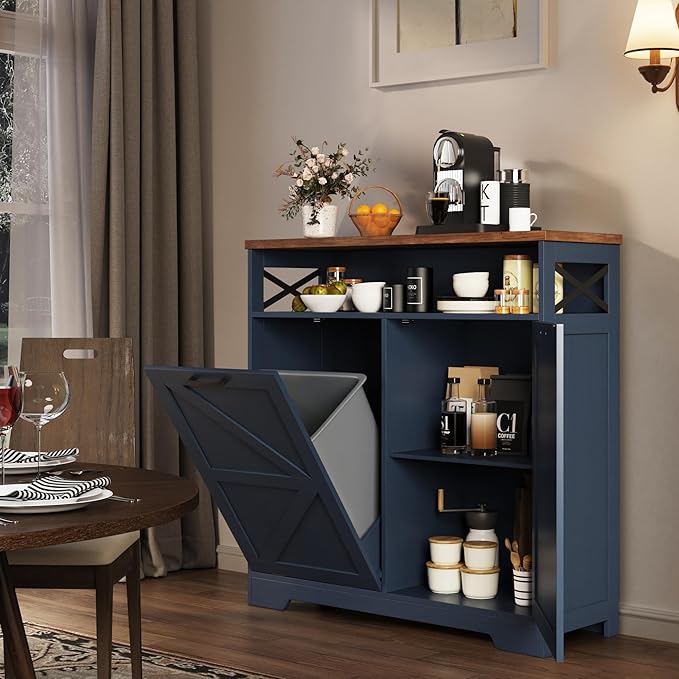 Befrases Tilt Out Trash Can Cabinet for 13 * 1 Gallon Trash Can, Farmhouse Kitchen Island Cabinet with Adjustable Shelf for Hidden Laundry Basket, Dog Proof Garbage Can for Dining Living Room, Blue