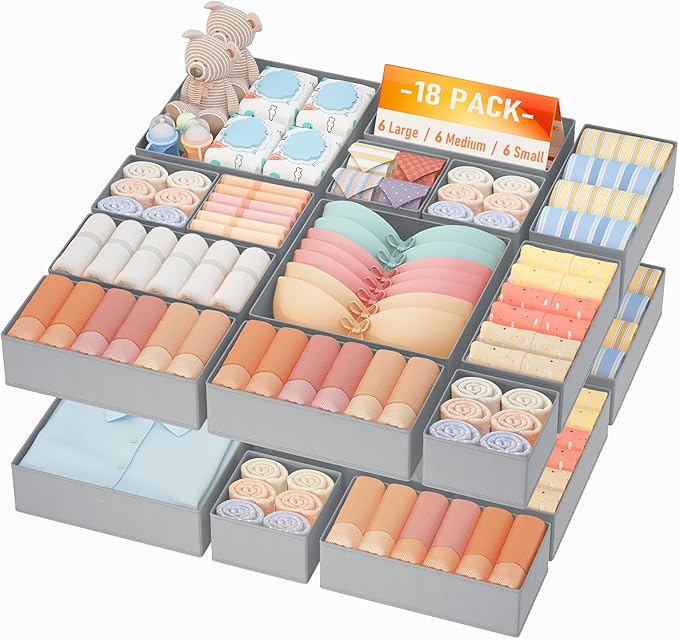 DIMJ Drawer Organizer Clothes Storage- 18 Pack Baby Dresser Organizer for Nursery, Foldable Closet Drawer Organizer Bins for Bedroom Organization, Fabric Storage Dividers for Socks, Underwears, Bras