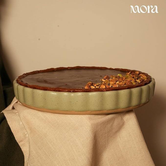 MORA Ceramic Tart Pan, 9.5 Inch Large Porcelain Baking Dish for Tarts, Quiche, Pie, Flan etc. Fluted Ruffled Edge, Oven, Microwave, Freezer, and Dishwasher safe - Great Gift For Bakers - Thyme