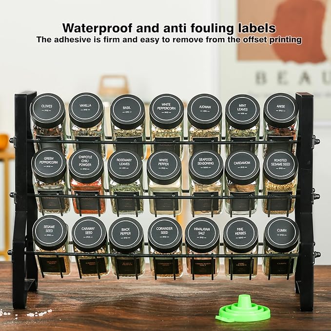Spice Jars with Label，4oz Glass Spice Bottles With Shaker Lids，Seasoning Containers with Funnel, Chalk Pen for Cabinet，Drawer，Rack (Black, 36)