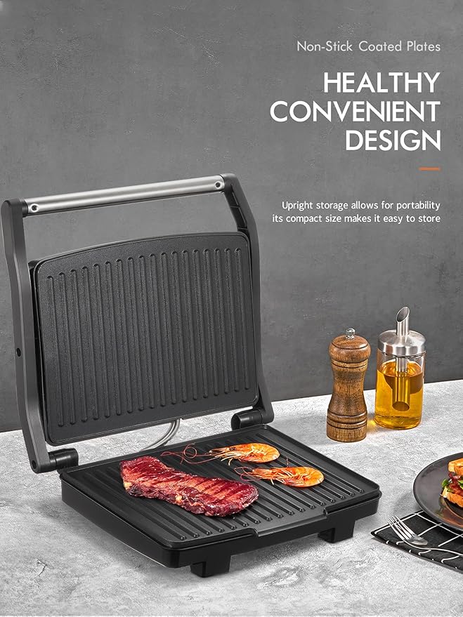 Yabano Panini Press Grill, Gourmet Sandwich Maker, Electric Indoor Grill with Non-Stick Cooking Plate and Removable Drip Tray, Easy to Clean, Stainless Steel