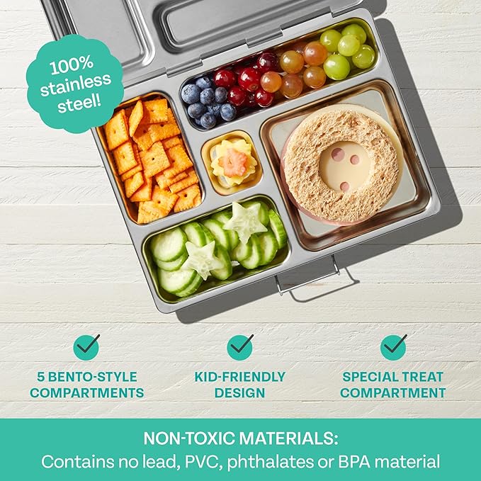 PlanetBox Rover Stainless Steel Bento Box Style Lunch Box for Kids with 5 Compartments – Durable, Dishwasher Safe and BPA-Free Food Container