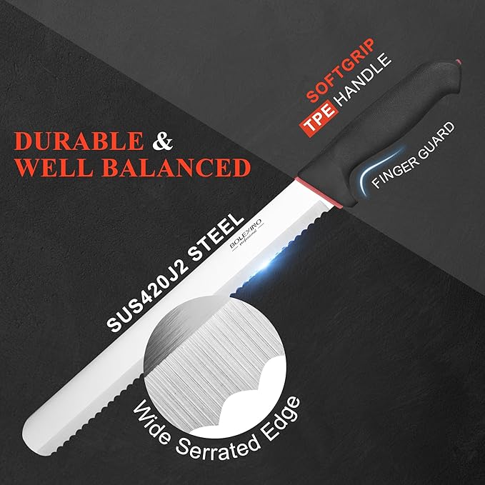 12 Inch Wavy Edge Serrated Bread Knife With Non-Slip Softgrip, Sharp & Long Blade For Homemade Bread, Crusty Breads, Cake, Bagel, Japanese High Carbon Stainless Steel