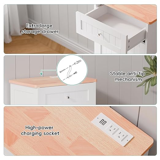 Betterhood Double Tilt Out Trash Cabinet with Power Outlet, 10 Gallon Trash Cabinet with Storage,Pet Proof Trash Can with 2 AC & USB Sockets for Kitchen,Living Room (White, Single Door)