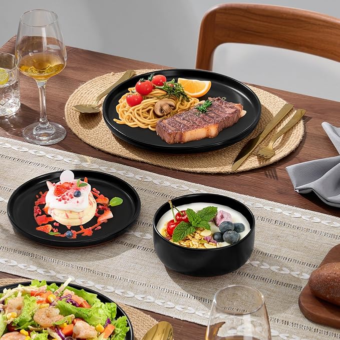E-far 18-Piece Stoneware Plates and Bowls Sets, Dinnerware Sets for 6, Ceramic Dishware Dishes Set with Terracotta Base, Chip & Scratch Resistant, Microwave & Dishwasher Safe, Matte Black