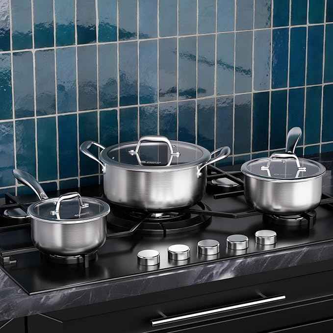 COOKER KING Stainless Steel 6 Pcs Pots Set, 1.5 & 2QT Saucepan and 5-Quart Pots with Lids, Non Stick, Non Toxic, Stay-Cool Handles, Induction, Oven, Dishwasher Safe