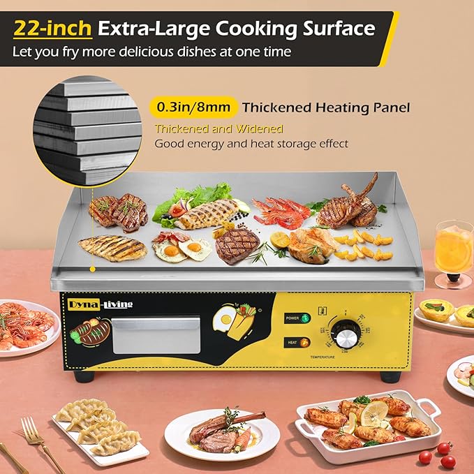 Dyna-Living Commercial Electric Griddle 22'' Stainless Steel Countertop Griddle 3000W 110V Flat top Grill Electric for Home Kitchen, Restaurant, 122℉-572℉ Temperature Adjustable