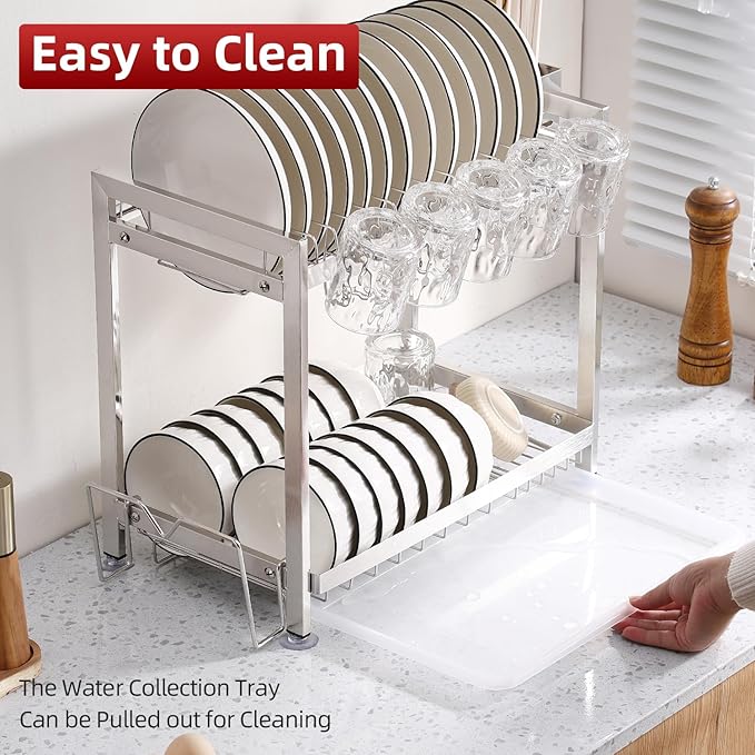 Dish Drying Rack, Double Layered countertop Kitchen Organizer with Drainage Large Bowl Rack and Storage Rack with Drainage Board (Silver Upgraded Version)