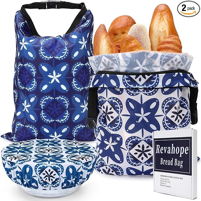 2 Pack Reusable Bread Bags for Homemade Bread, 17"×13" Sourdough Bread Storage Bags with Bowl Cover - Keep Loaf Fresh and Easy to Wash(Blue Gemstone Floral)