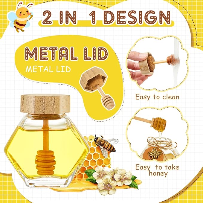 Pickmesh 24 Pcs Hexagonal Glass Honey Jars with Spoon, 3.38 oz Honey Dispenser with Wooden Spoon Bee Charm Thank You Card Organza Bag Mini glass Jars for Baby Shower Wedding Party Favor Decorations