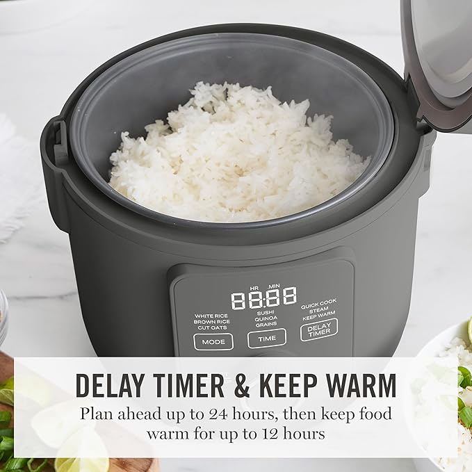 Martha Stewart Rice Cooker, 4 Cup (Uncooked) / 8 Cup (Cooked), Ceramic Non-Stick Removable Pot, Keep Warm, Measure Markings, Steam Basket, Brown & Sushi Rice, Quick Cook, Quinoa, Grains, Oats, Caviar Gray