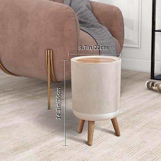 Trash Can with Lid Beige Travertine Stone Texture Press Top Round Small Garbage Bin with Wooden Legs Waste Basket for Kitchen Bedroom Nursery 7L/1.8 Gallon
