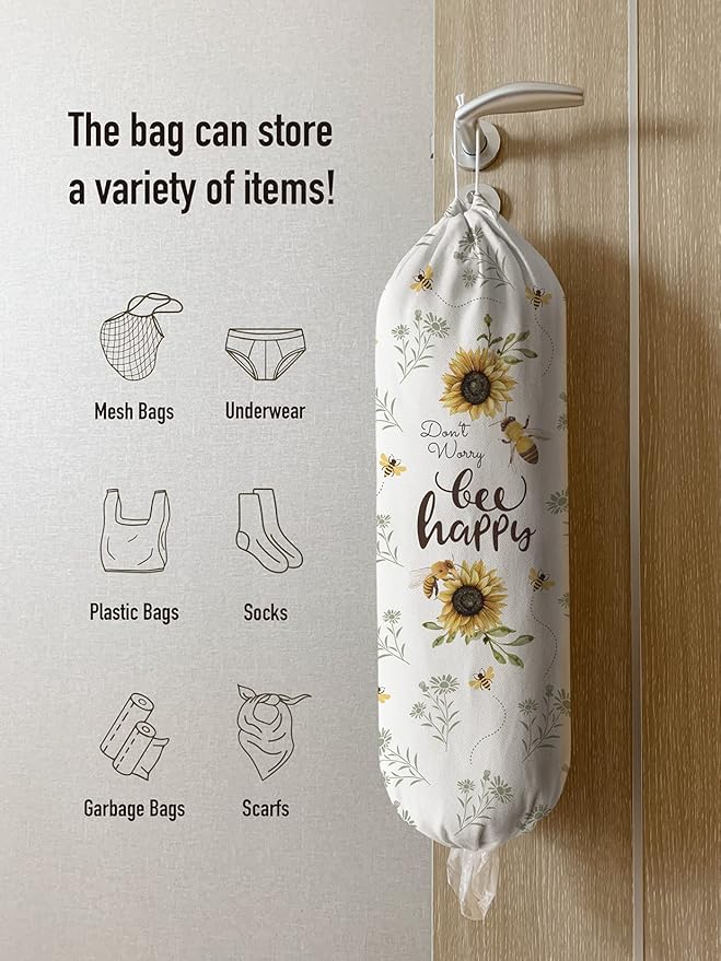 Hglian Kitchen Grocery Bag Holder,Bee Happy Plastic Bags Organizer Shopping Trash Bags Storage,Cute Bee Sunflower Farmhouse Home Décor