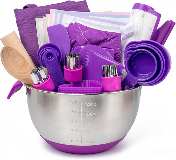 Kids Baking Set–Real Cooking Set for Kids with Kids Cooking Utensils & Kitchen Accessories, Measuring Tools & Baking Supplies,Great Gift for Pretend Play & Montessori Learning (Purple)
