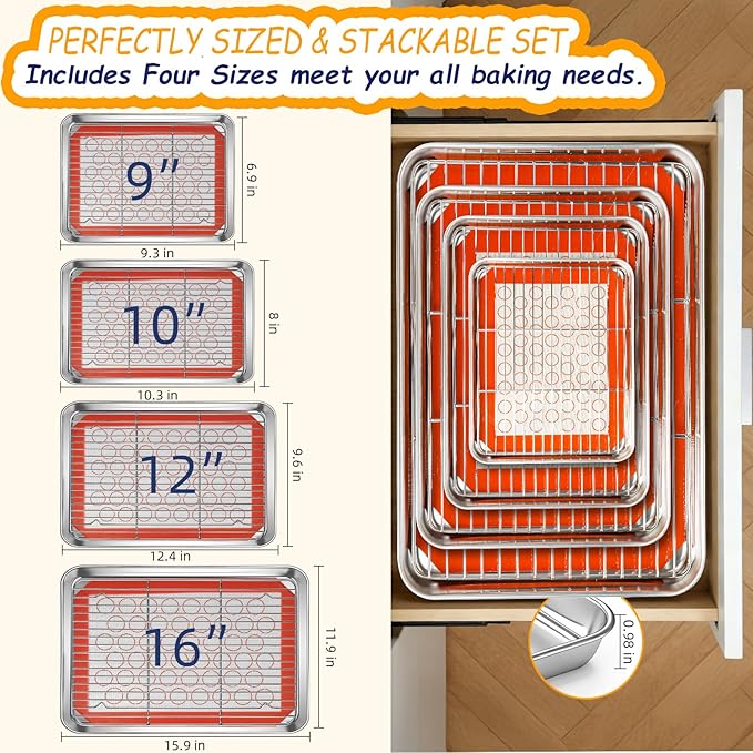 Baking Sheet Pan Set of 12, CEKEE Stainless Steel Cookie Sheets for Baking with Cooling Rack Silicone Baking Mat, Small/Quarter/Jelly Roll Pan, 9/10/12/16 Inch, Heavy Duty & Non Toxic & Easy Clean