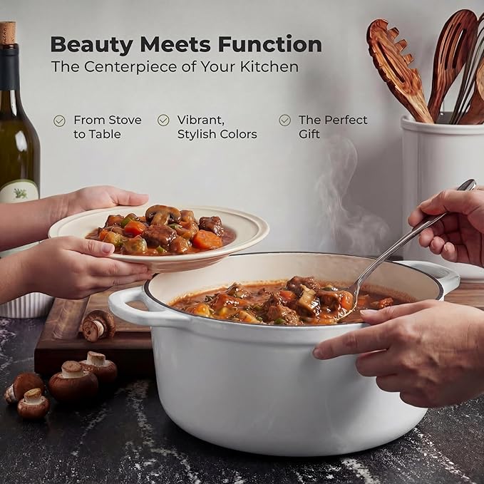 Zulay Kitchen 7.7 Quart Enameled Cast Iron Dutch Oven Pot with Lid – Premium Durability & Oven Safe up to 500°F – Heavy Duty Cookware Perfect for Bread Baking, Stews, Braising & Roasting – White
