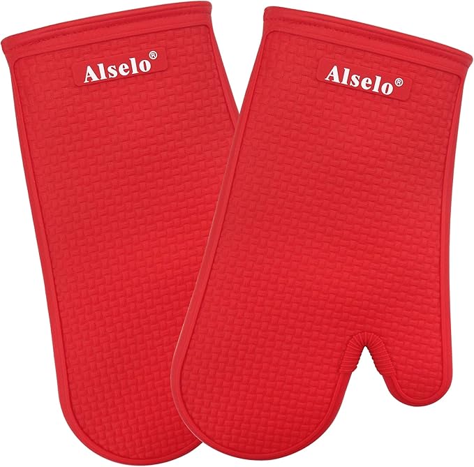 Alselo Oven Mitts Heat Resistant Silicone Kitchen Gloves for 550 Degrees with Waterproof and Non-Silp, Set of 2 Oven Gloves for Baking Cooking Barbecue Microwave Machine Washable (Red, 2)