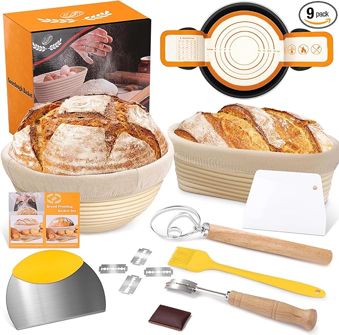 Banneton Basket Set of 2, 10" Oval & 9.7" Round Banneton Bread Proofing Basket with Liners, Bread Lame, Silicone Baking Mat, Danish Whisk, Brush, Proofing Bowls Sourdough Starter Kit Tools
