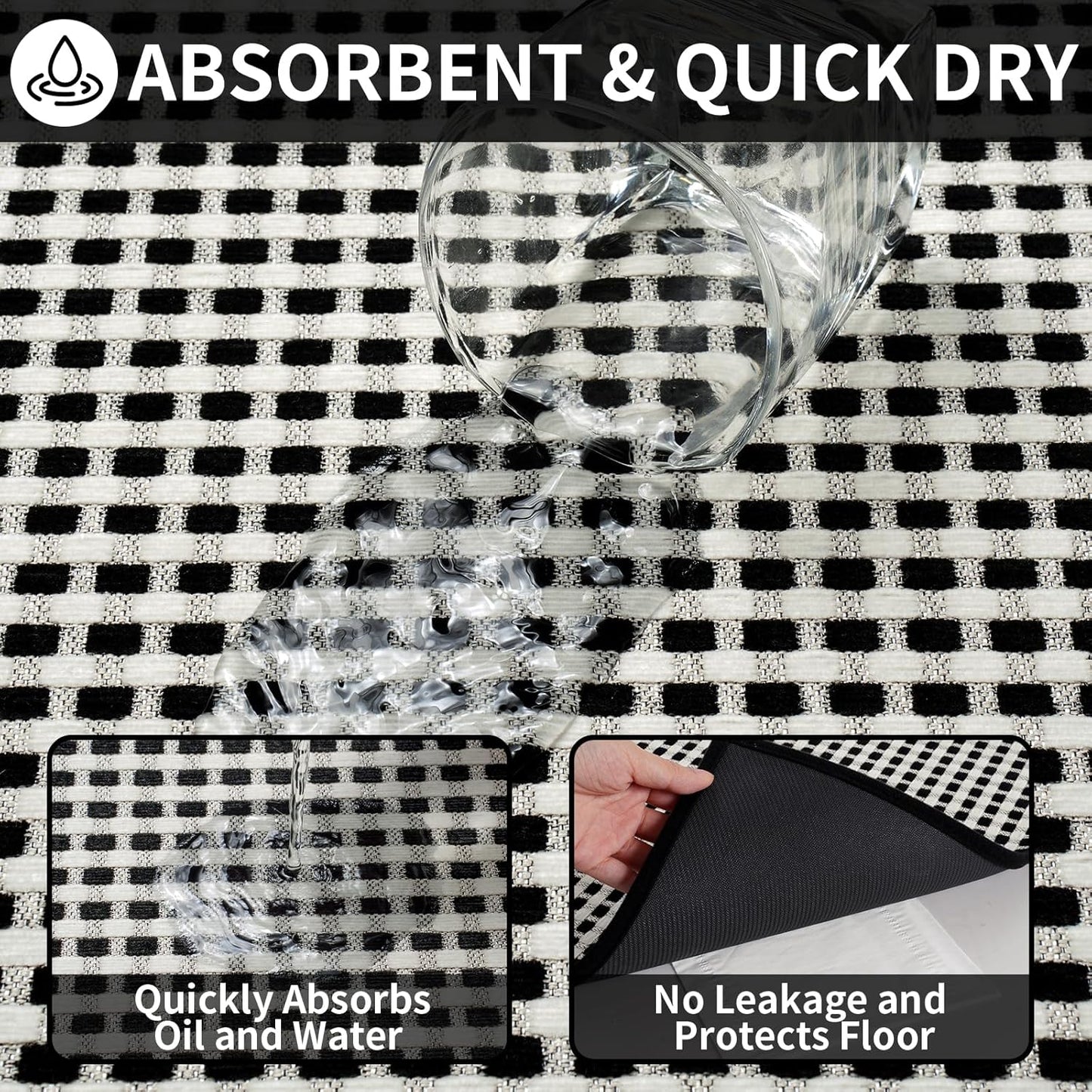 Kitchen Mat Kitchen Rugs Sets of 2 PCS Non Slip Washable, Super Absorbent Soft Braided Kitchen Mats for Floor, Rubber Backing Comfort Standing Kitchen Sink Mat Runner Rug, Black 17"x28"+17"x47"