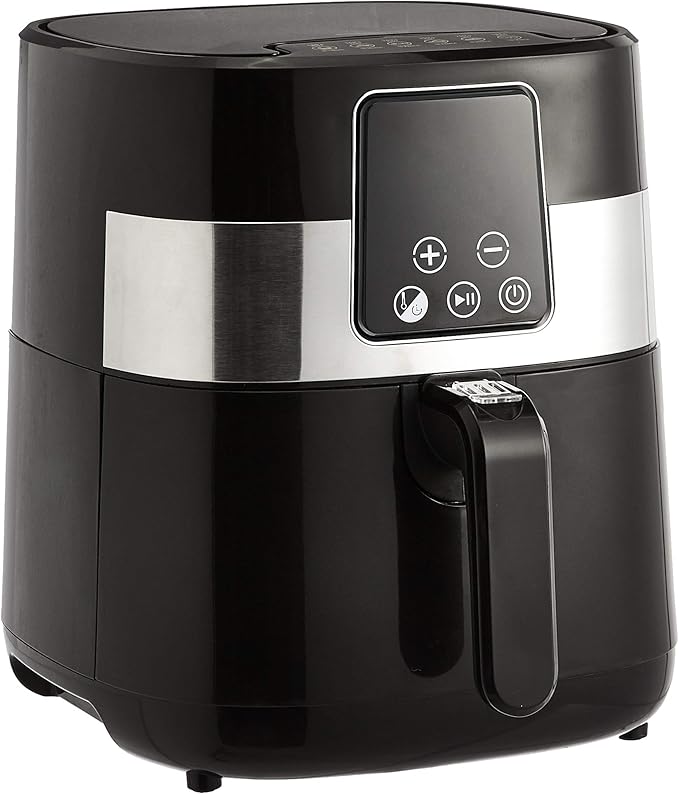 Amazon Basics 3.2 Quart 6-In-1 Digital Air Fryer with Non-Stick Basket, Timer, Auto Shut-Off, Touch Screen, 1400W, 180-400°F Temperature Range, Black/Silver
