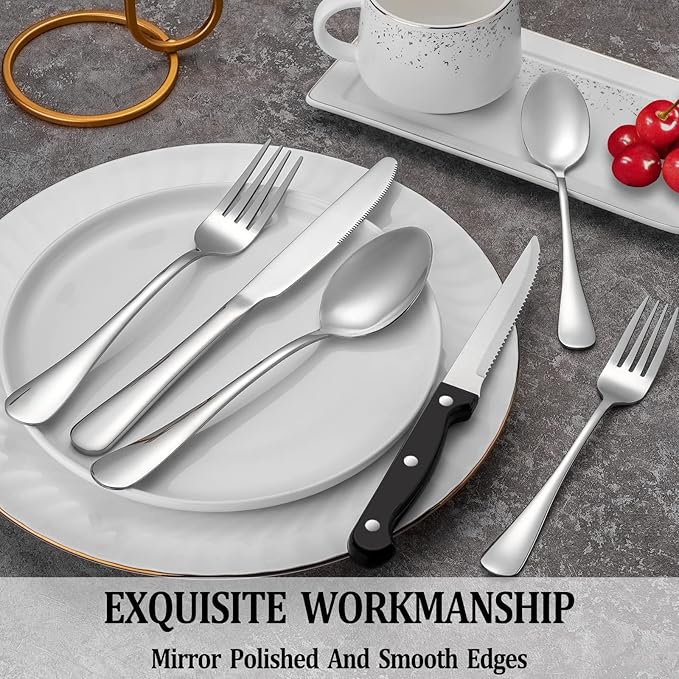 36 Pcs Silverware Set with Steak Knives Service for 6,Stainless Steel Flatware Set,Mirror Polished Cutlery Utensil Sets,Home Kitchen Eating Tableware Sets,Include Fork Knife Spoon,Dishwasher Safe