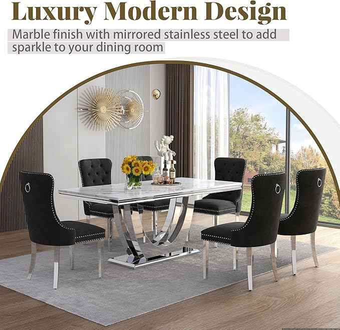 Marble Dining Table Set for 6,70" White Faux Marble Kitchen Tables and Velvet Chairs for 6,7 Piece Luxury Dining Room Table Set and 6 Upholstered Chairs with Silver Stainless Steel Bases