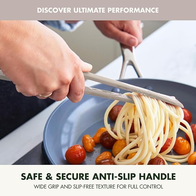 GreenPan Silicone Tong, Cooking Grilling Serving, Salad, Kitchen Utensil, Flexible Rubber Nonstick Cookware, Rigid Steel Core, Heat-Resistant, Anti-Slip Handle, BPA-Free, Dishwasher Safe, Taupe