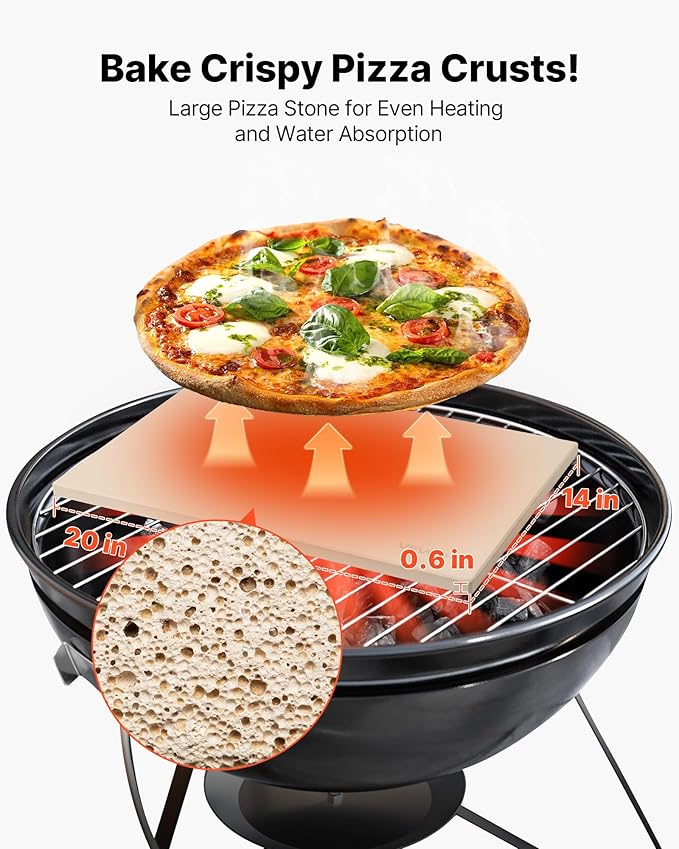 VEVOR Pizza Stone, 20 x 14 x 0.6 in Rectangular Cordierite Pizza Stone, 1450℉ Heat-Resistant Cook Stone, Extra Large Baking-Stone with Metal Peel, Scraper, for Kitchen Bake Oven, BBQ Grill