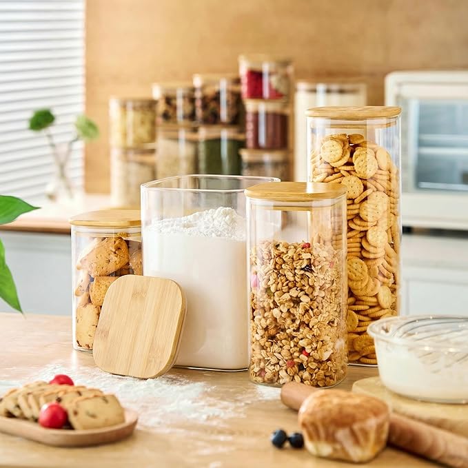 Extra Large Square Glass Flour & Sugar Storage Containers with Airtight Lids, 168 floz & 84 floz - 2 Pack Glass Jars with Bamboo Lids, Air tight Food Storage Containers for Cereal, Pasta, Rice